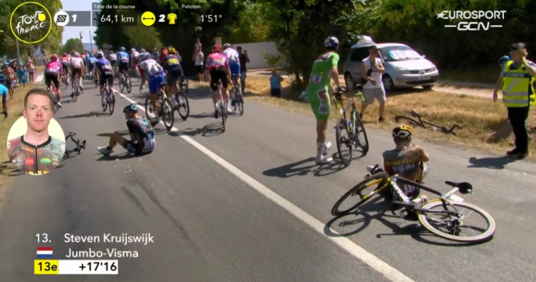 Сход Стевена Крёйсвейка, падение Йонаса Вингегора и Тиша Беноота на 15-м этапе Тур де Франс-2022