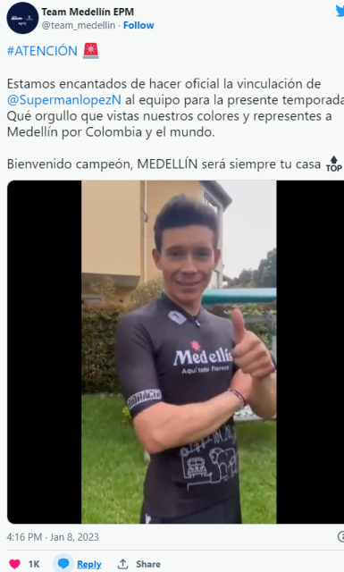 Мигель Анхель Лопес подписал контракт с колумбийской континентальной командой Medellin EPM